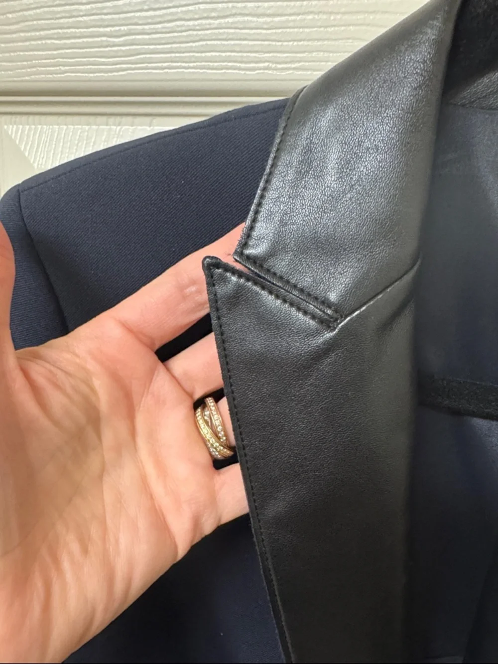 Akris Navy Blazer with Black Leather Lapel - Picture 4 of 10